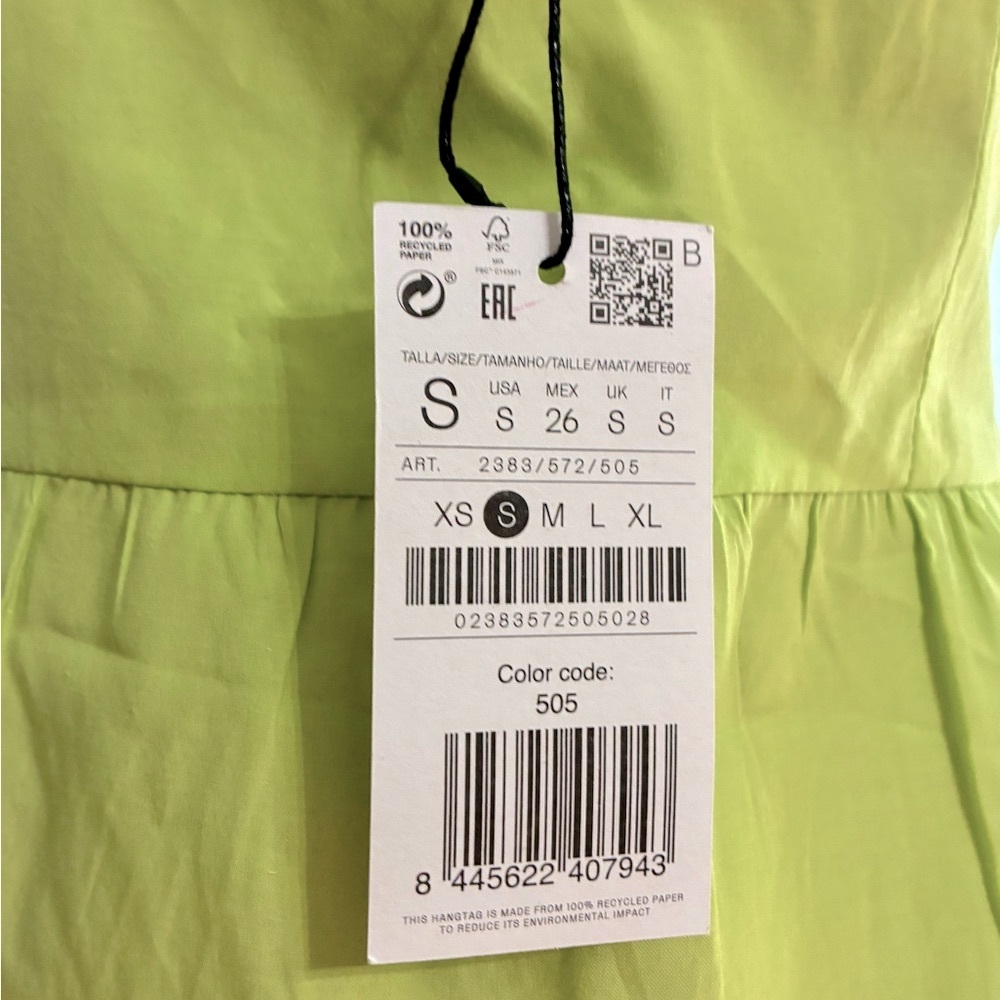 Stradivarius Green Puff Sleeve Mini Dress with Ruffled Tiers NEW - Picture 4 of 5